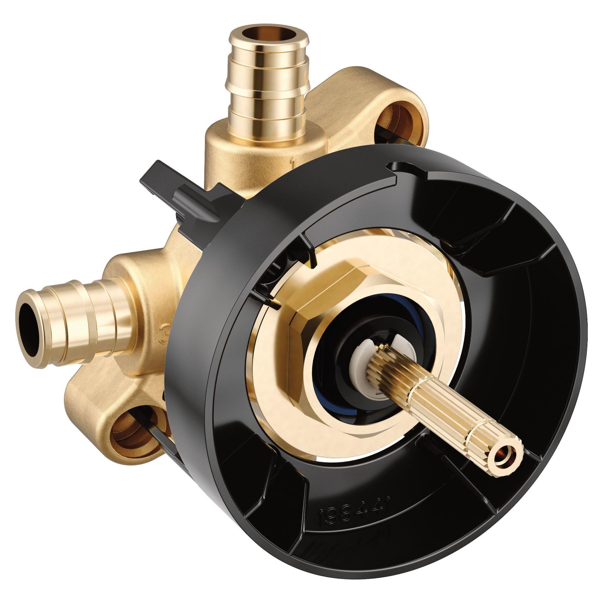 Brass transfer valve with black plastic housing, PEX barb connections, and central valve stem with blue accent ring.