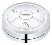 Grohe chrome remote control with three water spray function buttons arranged around central logo.