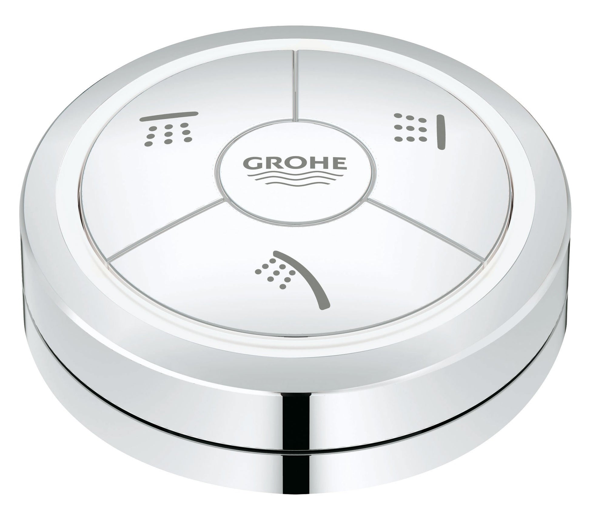Grohe chrome remote control with three water spray function buttons arranged around central logo.