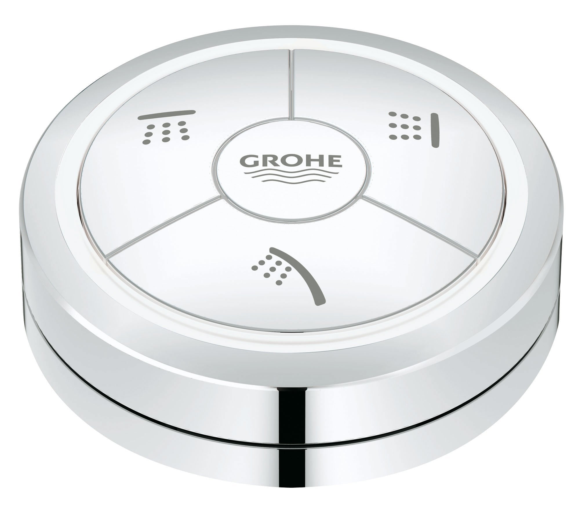 Grohe chrome remote control with three water spray function buttons arranged around central logo.