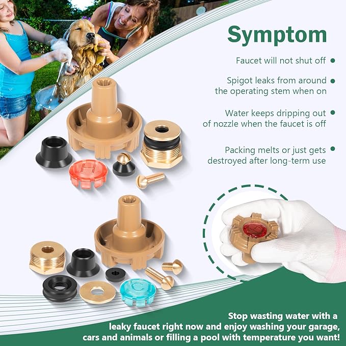Metal handle repair kit for outdoor faucet containing brass valve body, cartridge, seals, and replacement parts.