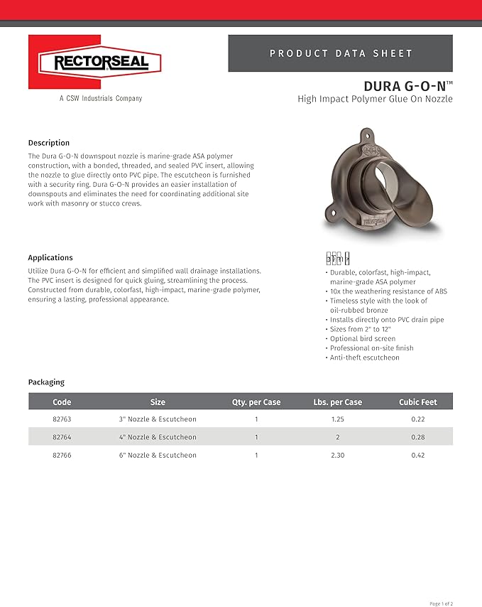 Rectorseal Dura G-O-N 6" nozzle and escutcheon set in oil-rubbed bronze finish for PVC drain pipe installation.