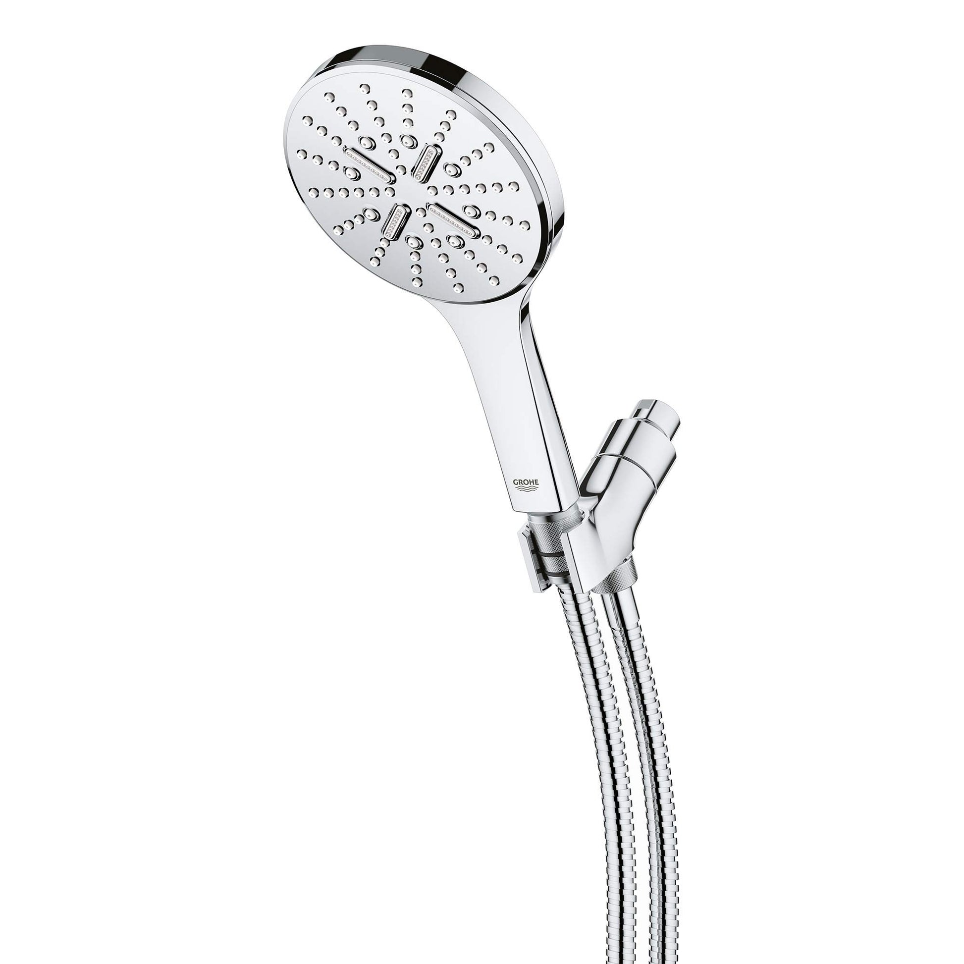 Chrome hand shower with circular perforated head, white grip handle, and flexible metal hose with connector bracket.