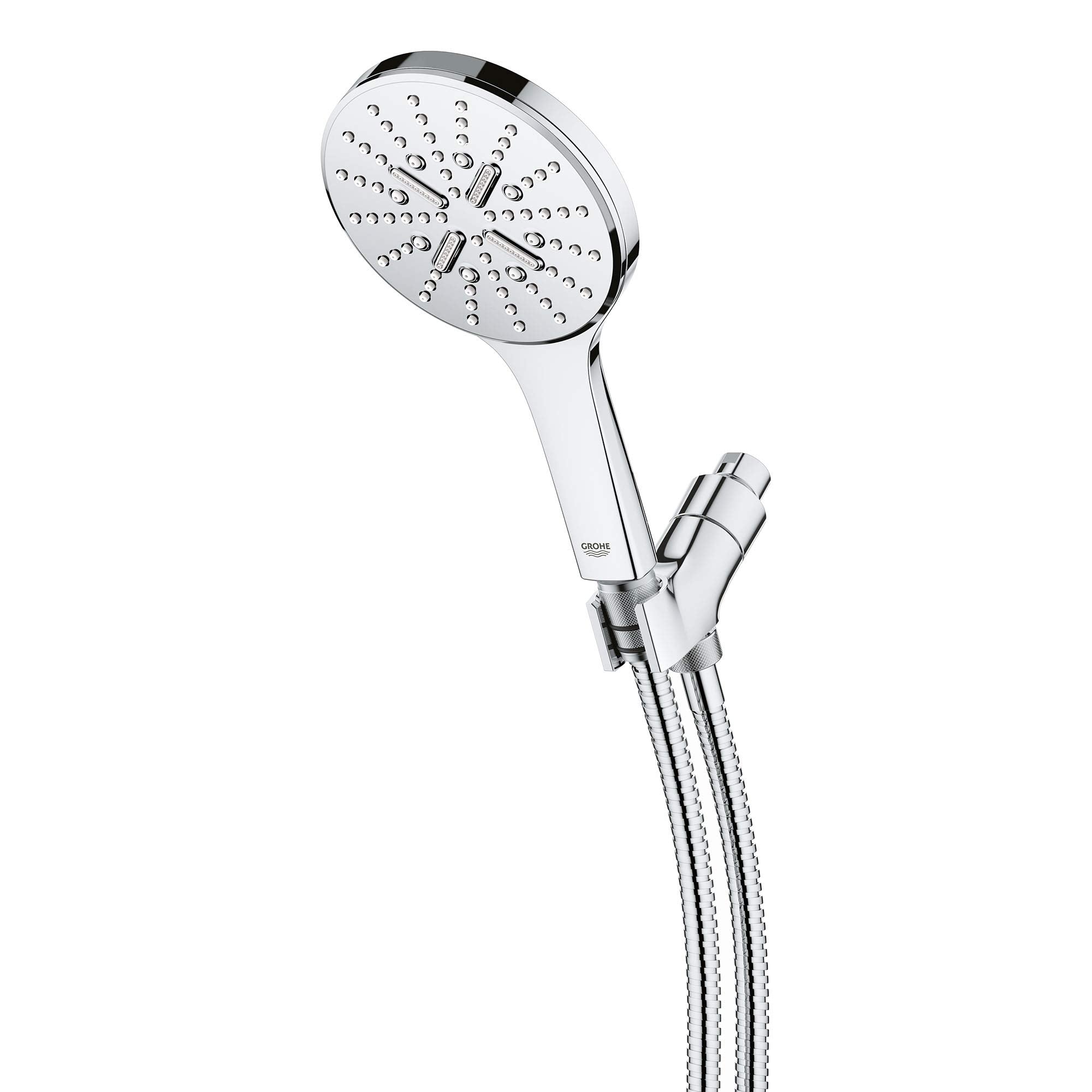 Chrome hand shower with circular perforated head, white grip handle, and flexible metal hose with connector bracket.