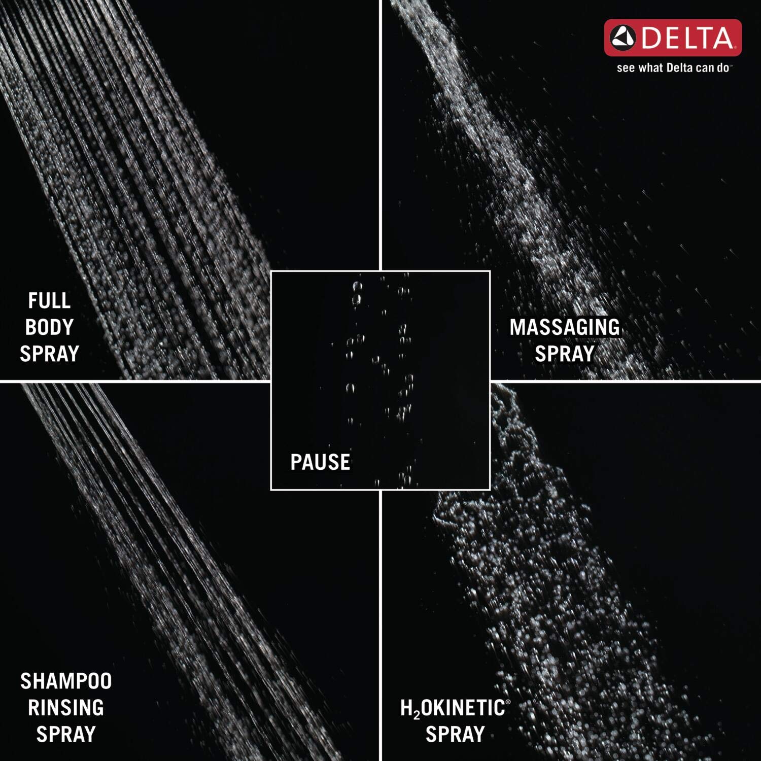 Chrome shower head displaying four spray settings: full body spray, massaging spray, shampoo rinsing spray, and H2Okinetic sp