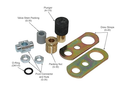 Merrill C-1000 Series hydrant parts kit containing plunger, valve stem packing, draw straps, o-rings, packing nut, and pivot 