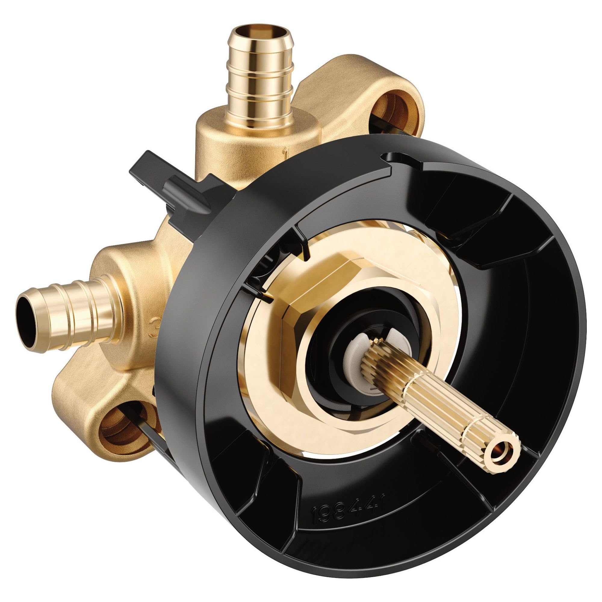 Brass transfer valve with black housing, PEX crimp ring connections, and central control stem.