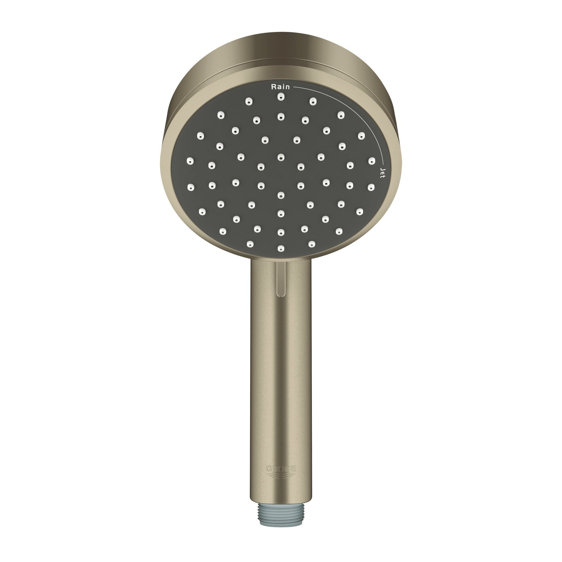 Brushed nickel hand shower with round head featuring multiple spray holes and cylindrical handle.