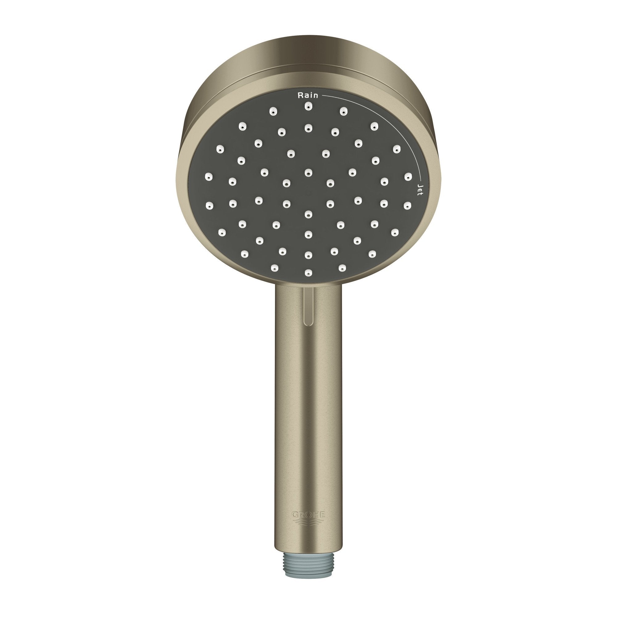 Brushed nickel hand shower with round head featuring multiple spray holes and cylindrical handle.