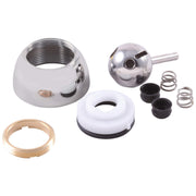 Chrome faucet repair kit components including ball, seats, springs, cam, cap, adjusting ring, and bonnet displayed separately