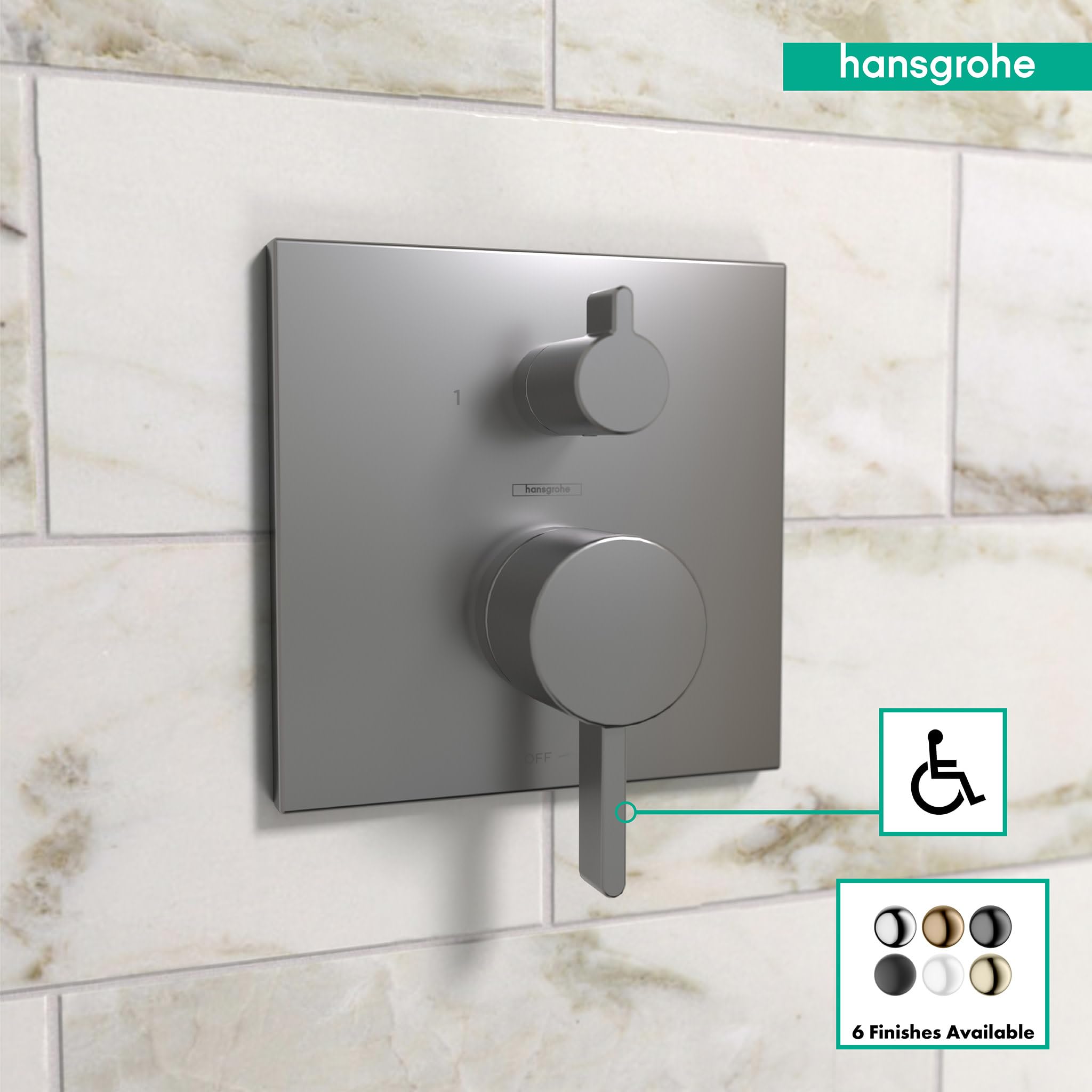 Square brushed black chrome shower valve trim with circular handle and upper diverter control mounted on tile wall.