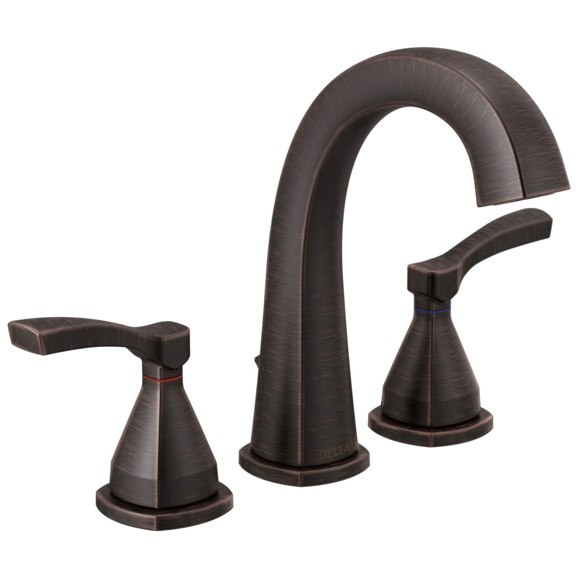 Three-piece bathroom faucet with arched spout and lever handles in oil-rubbed bronze finish.