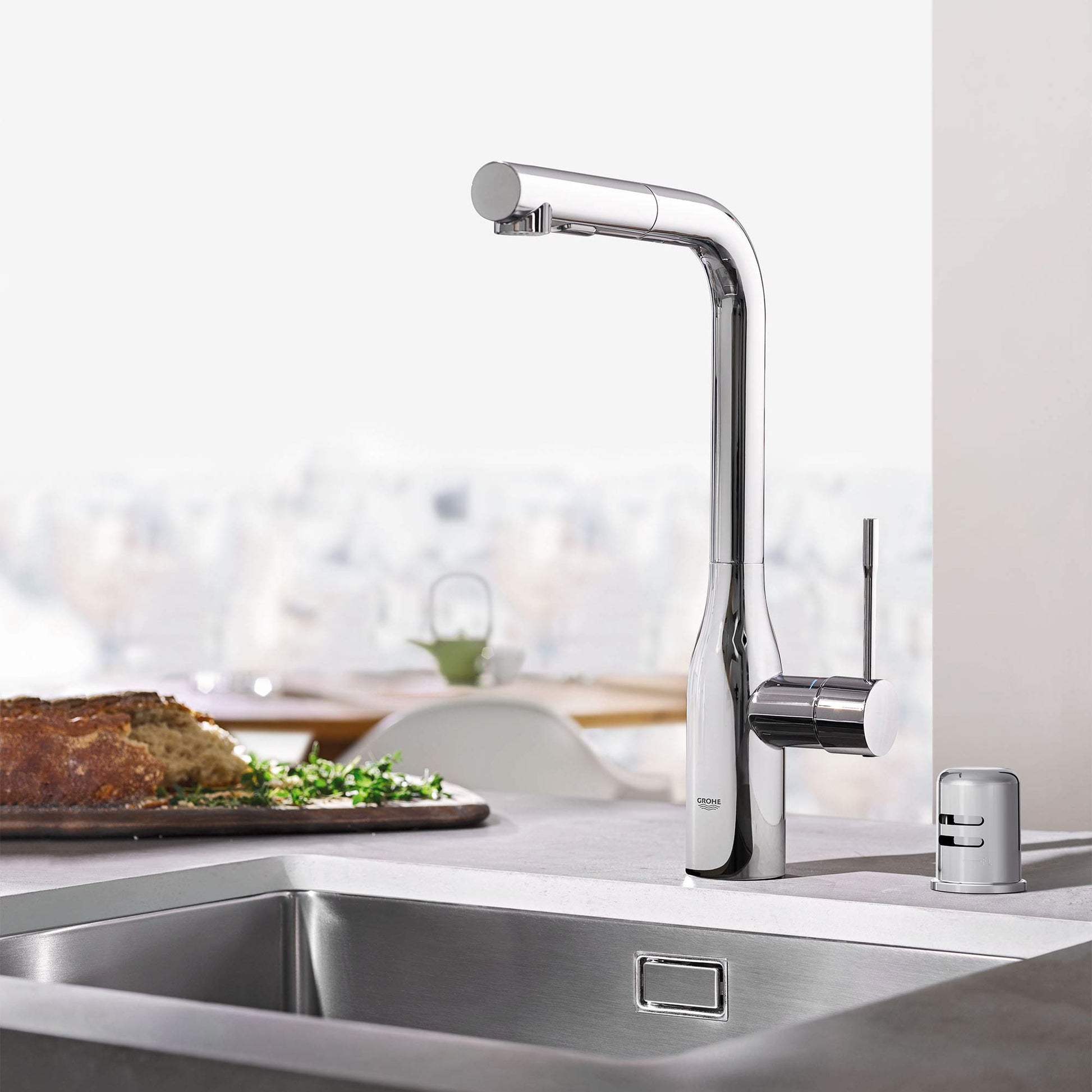 Chrome air gap repair part for Grohe kitchen faucet system with cylindrical cap and mounting bracket.