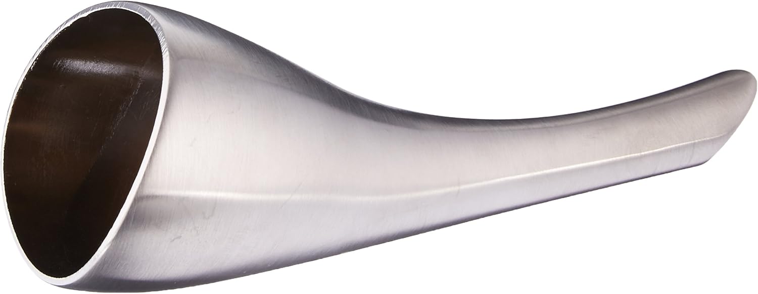 Stainless steel metal lever handle with curved ergonomic design and dark interior opening.