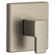 Brushed nickel single-handle transfer valve trim with square backplate and lever handle in 90-degree design.