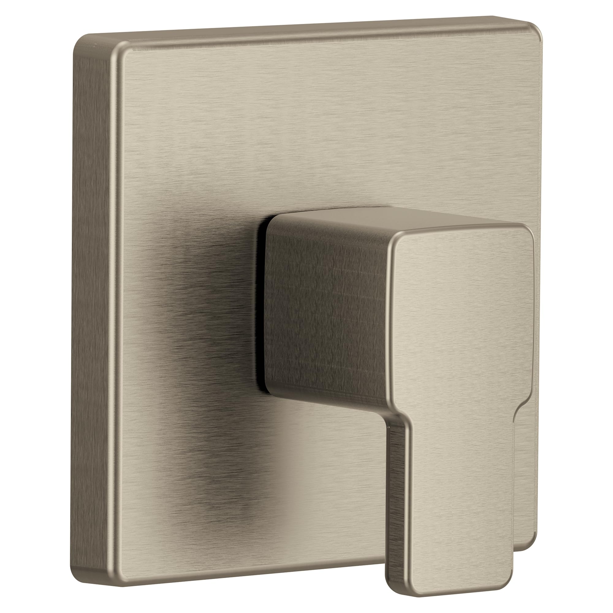 Brushed nickel single-handle transfer valve trim with square backplate and lever handle in 90-degree design.