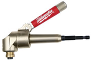 Right angle drill attachment with red handle, metal chuck, and black drill bit adapter.