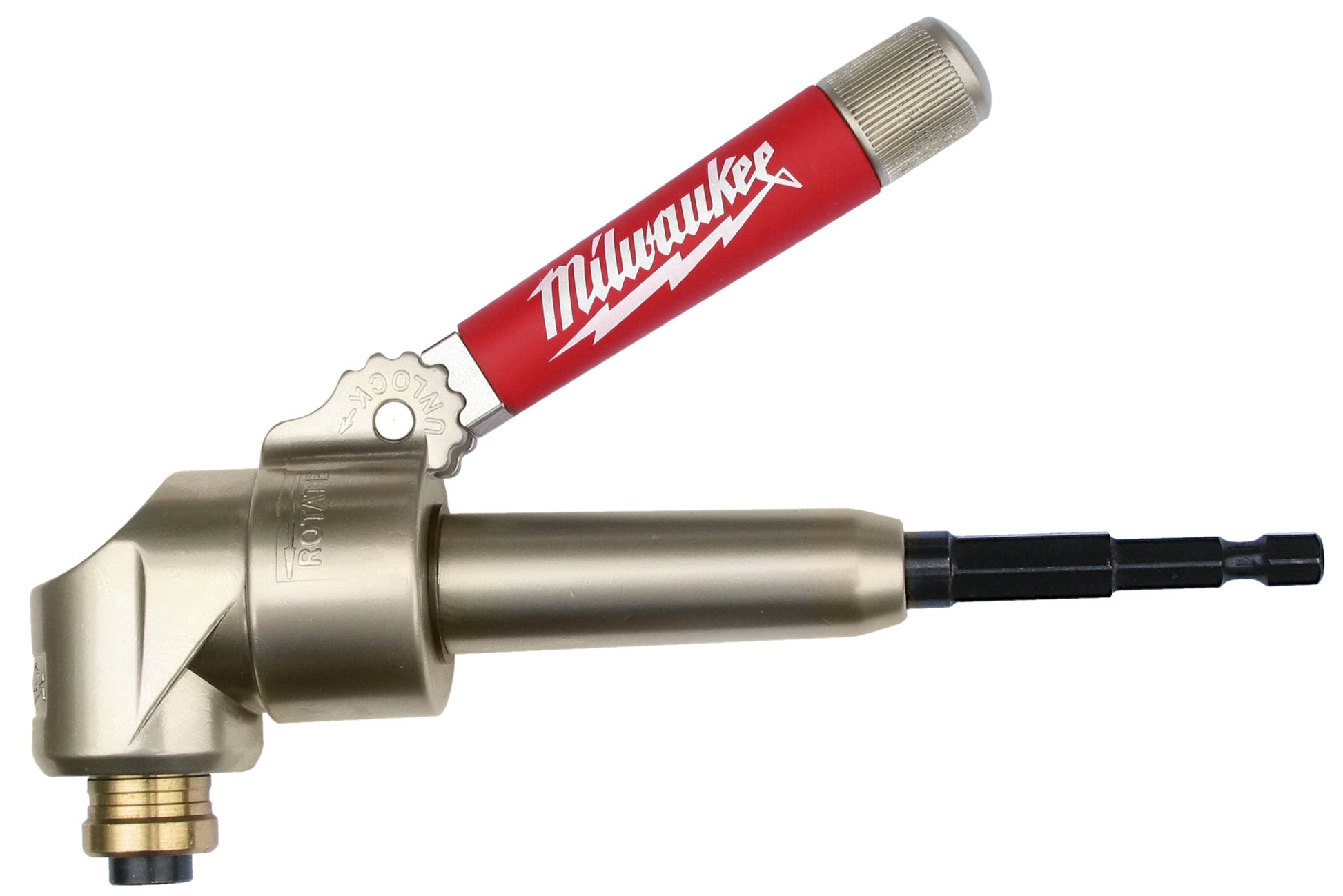 Right angle drill attachment with red handle, metal chuck, and black drill bit adapter.