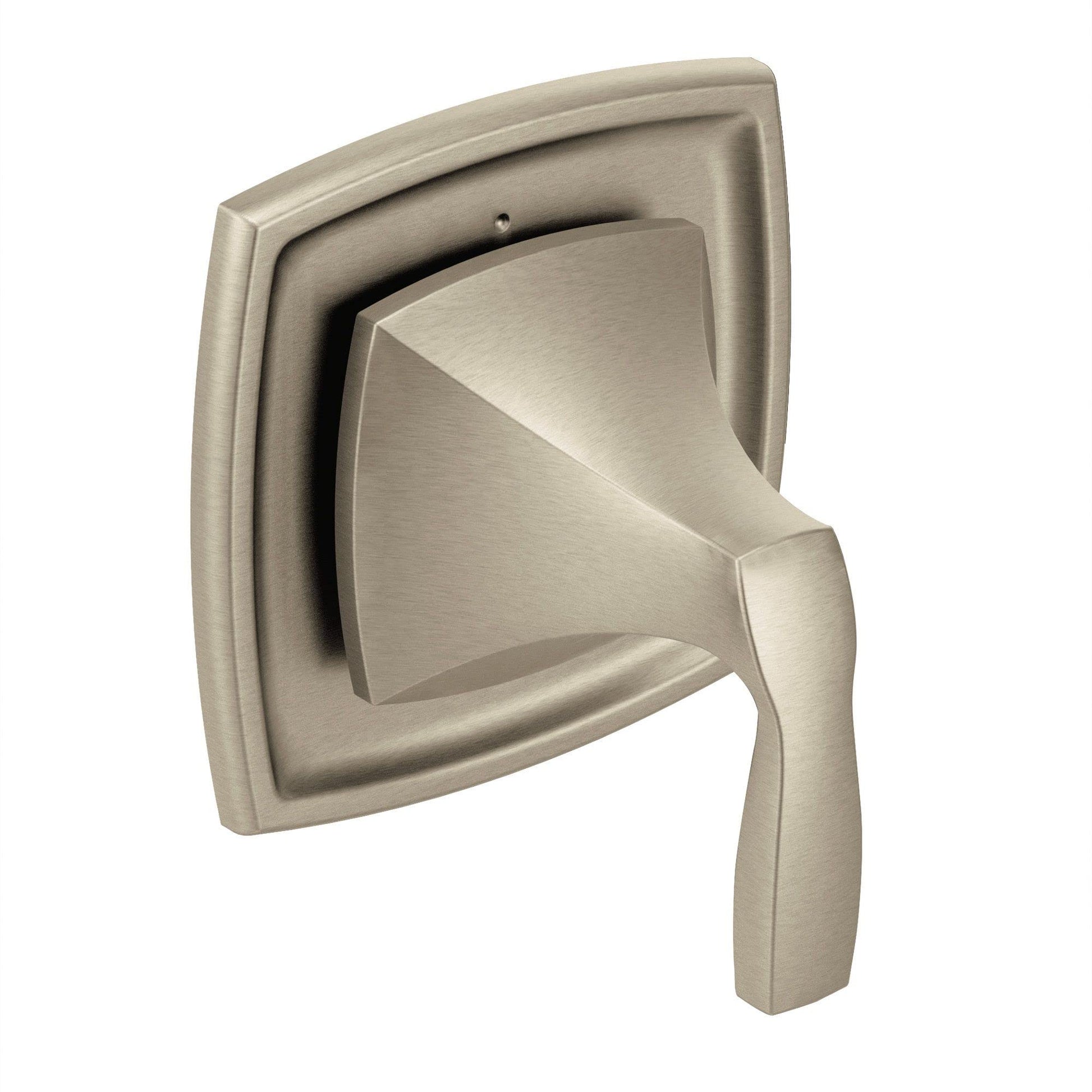 Brushed nickel shower diverter valve trim with square backplate and angled lever handle.