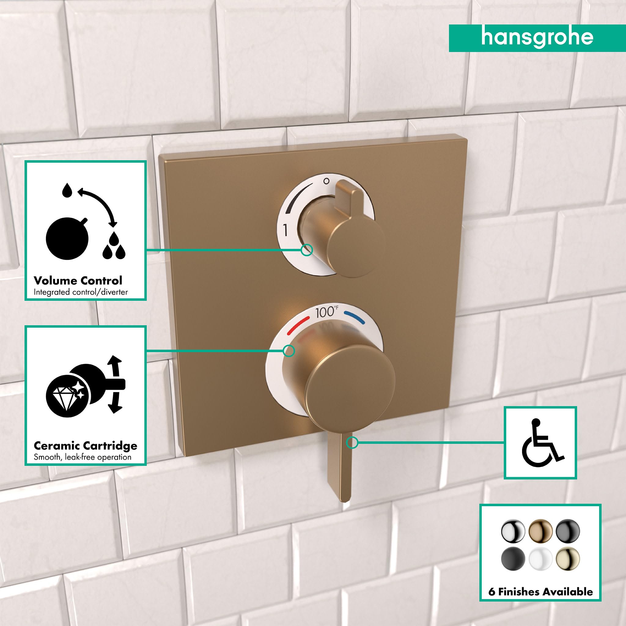 Brushed bronze square thermostatic trim with two control knobs mounted on white subway tile wall.