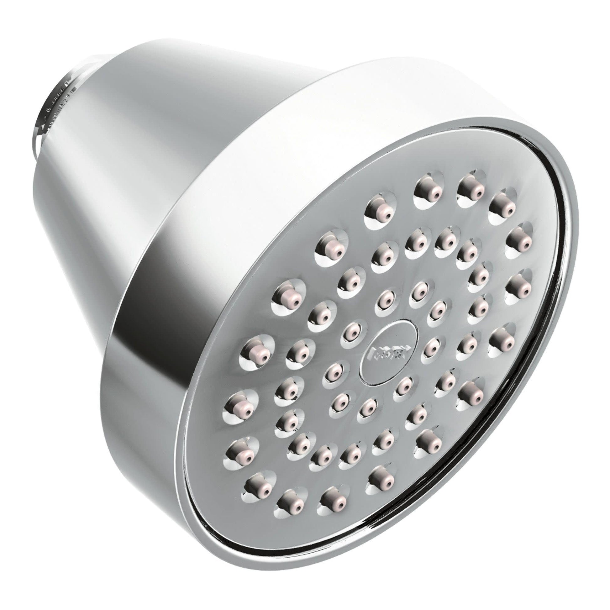 Chrome shower head with multiple spray holes arranged in circular pattern on face plate and cylindrical body.
