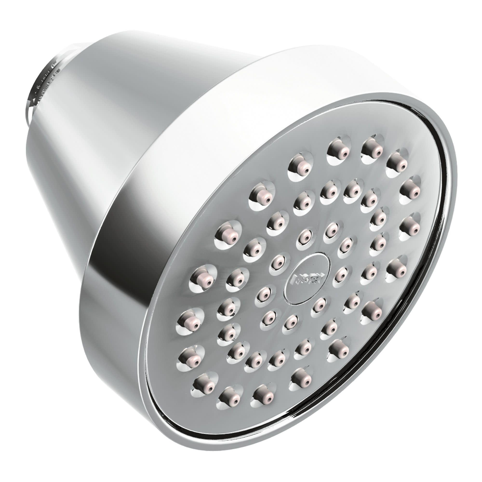 Chrome shower head with multiple spray holes arranged in circular pattern on face plate and cylindrical body.