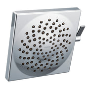 Chrome square showerhead with multiple spray jets and side control lever.