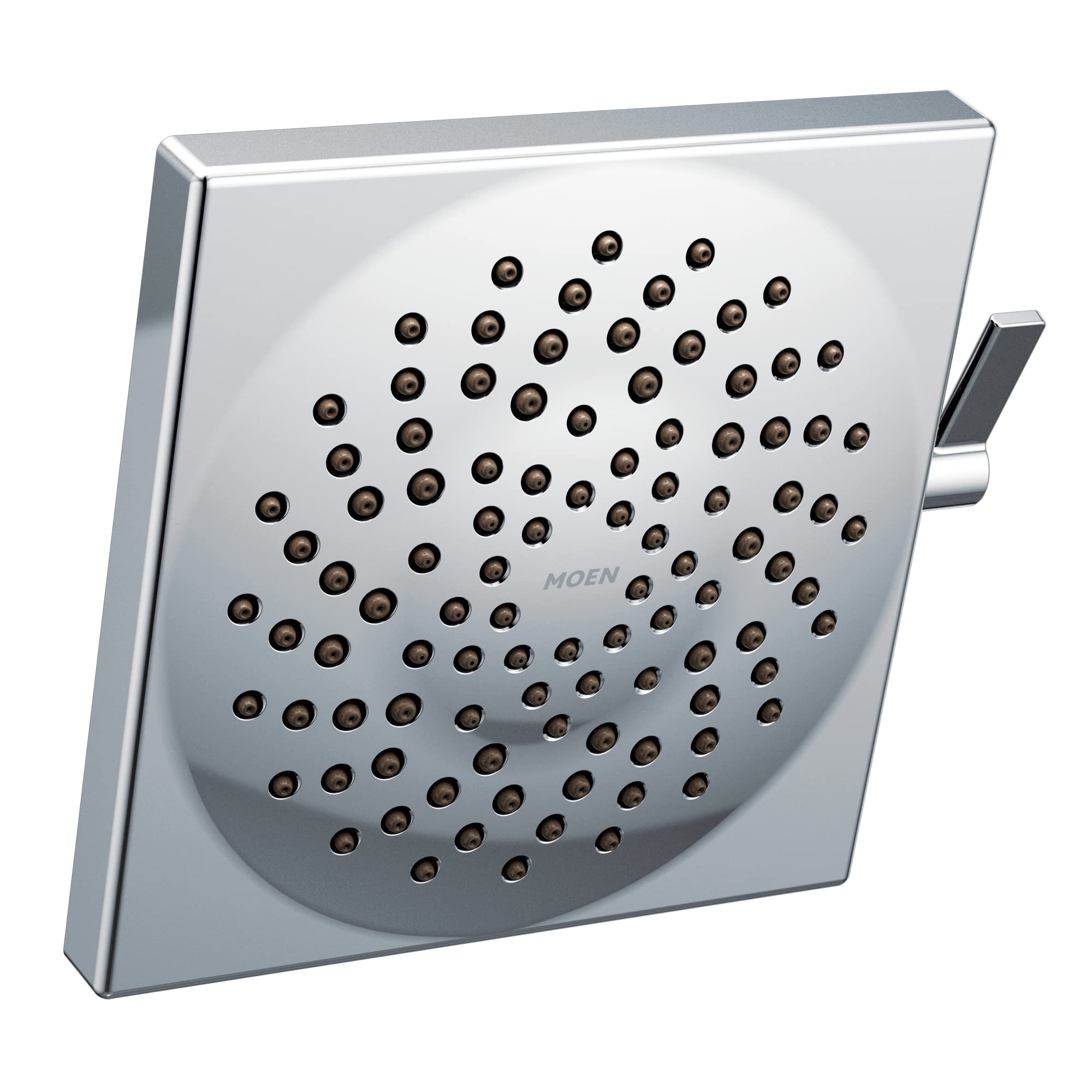 Chrome square showerhead with multiple spray jets and side control lever.