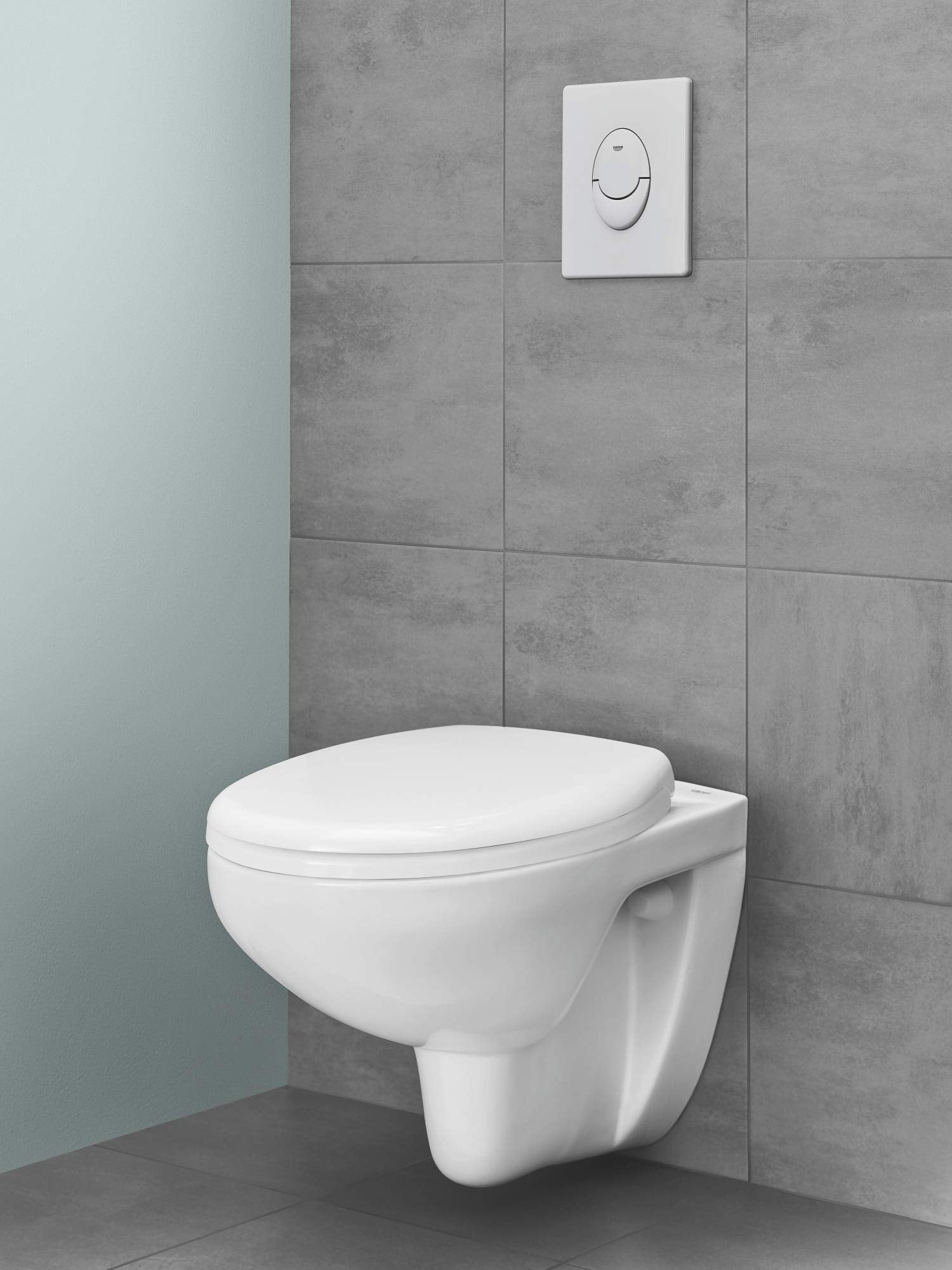 White rectangular wall plate with dual oval button design mounted above wall-hung white toilet.