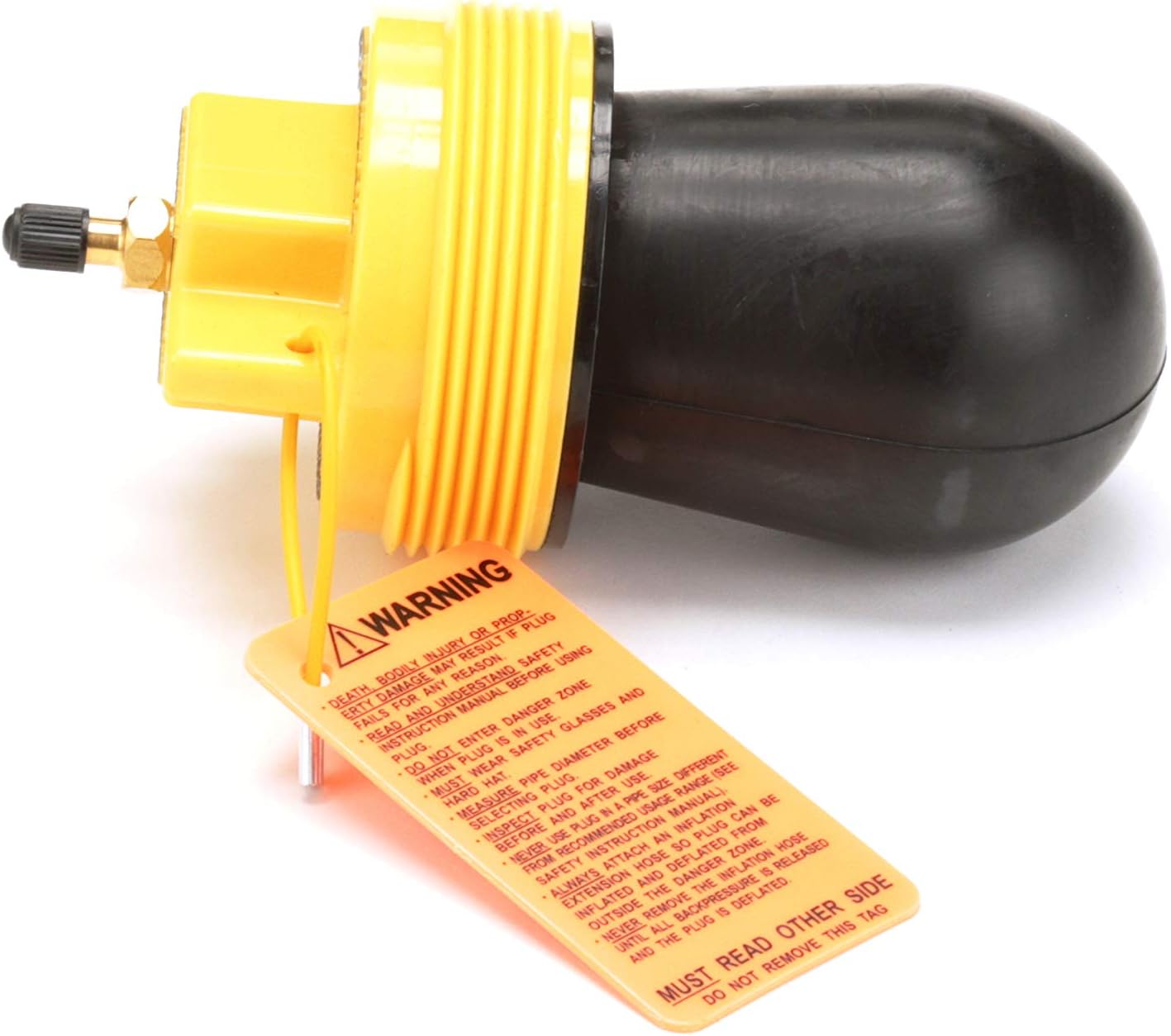 Yellow pneumatic plug with black rubber inflatable seal, brass valve, and attached warning label.
