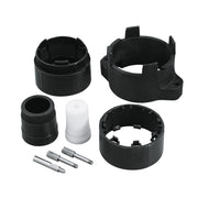 Black plastic plumbing components including cylindrical shells, white cartridge, and metal screws for pressure balance valve 
