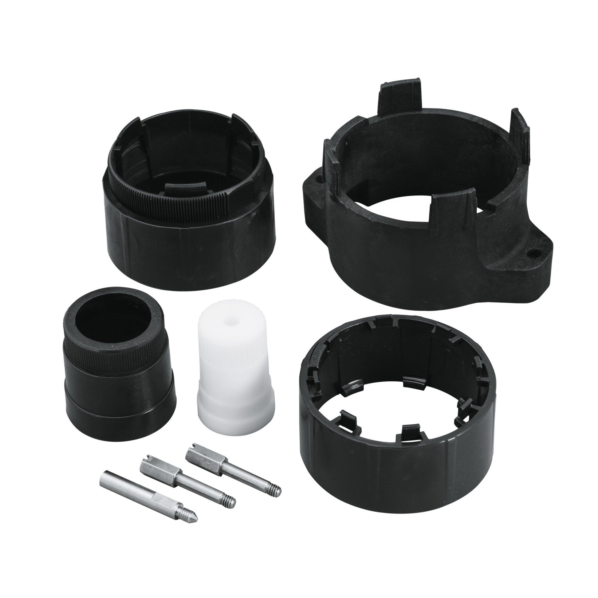 Black plastic plumbing components including cylindrical shells, white cartridge, and metal screws for pressure balance valve 