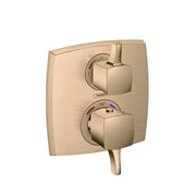 Square brushed bronze thermostatic valve trim with dual control handles and temperature gauge marked to 100 degrees.