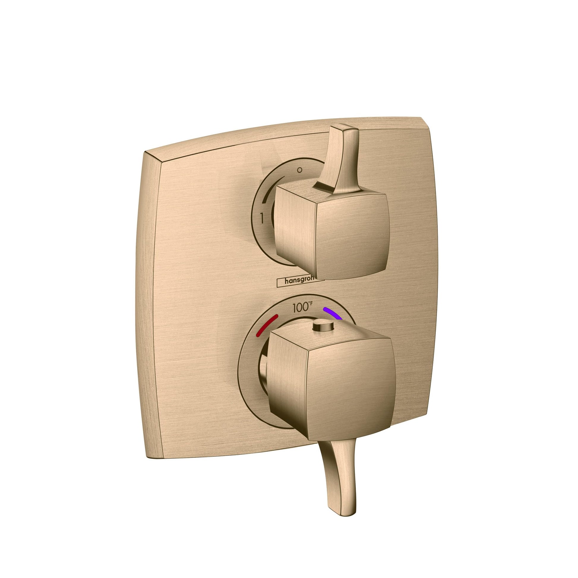 Square brushed bronze thermostatic valve trim with dual control handles and temperature gauge marked to 100 degrees.