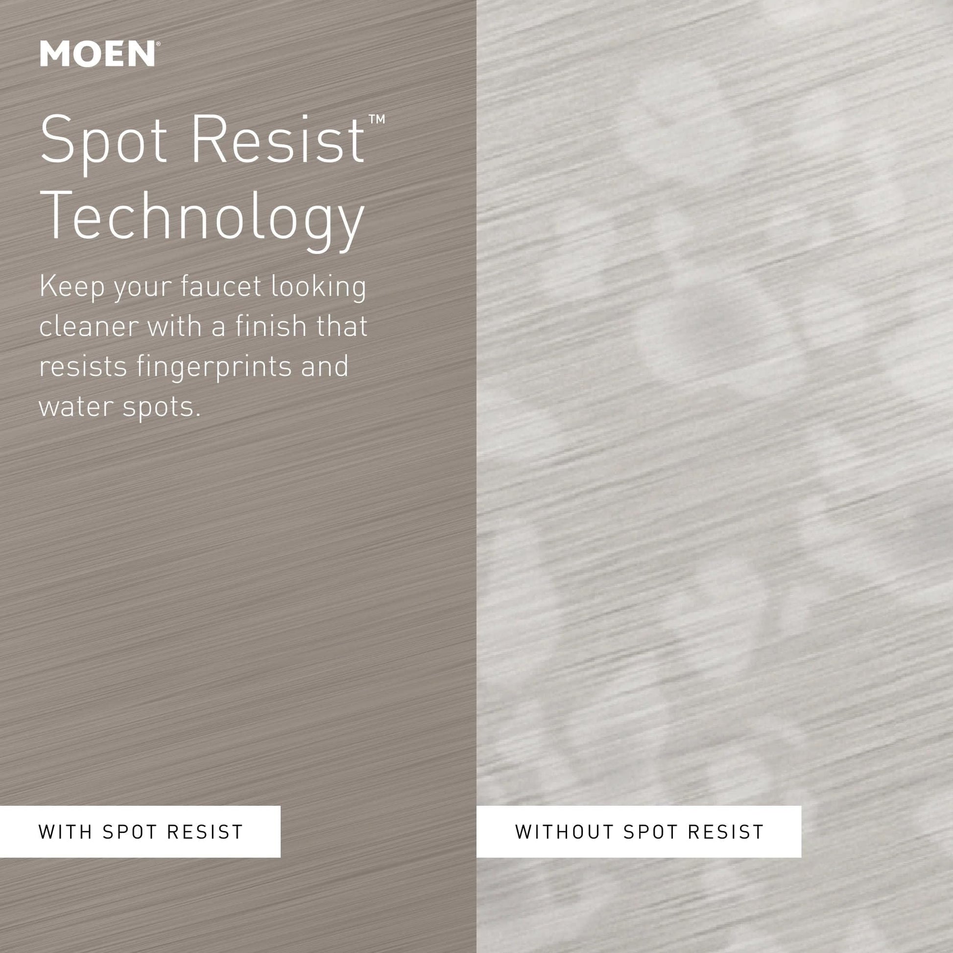 Split-view comparison showing stainless steel finish with and without Spot Resist technology, demonstrating fingerprint and w