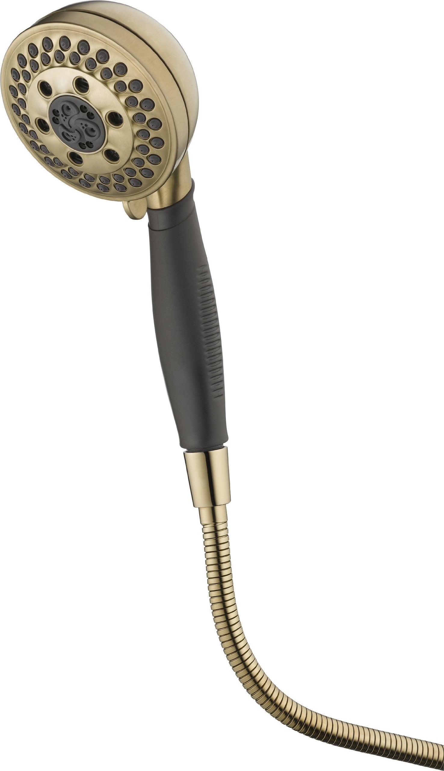 Champagne brass hand shower with black grip handle, multiple spray holes, and flexible hose connection.