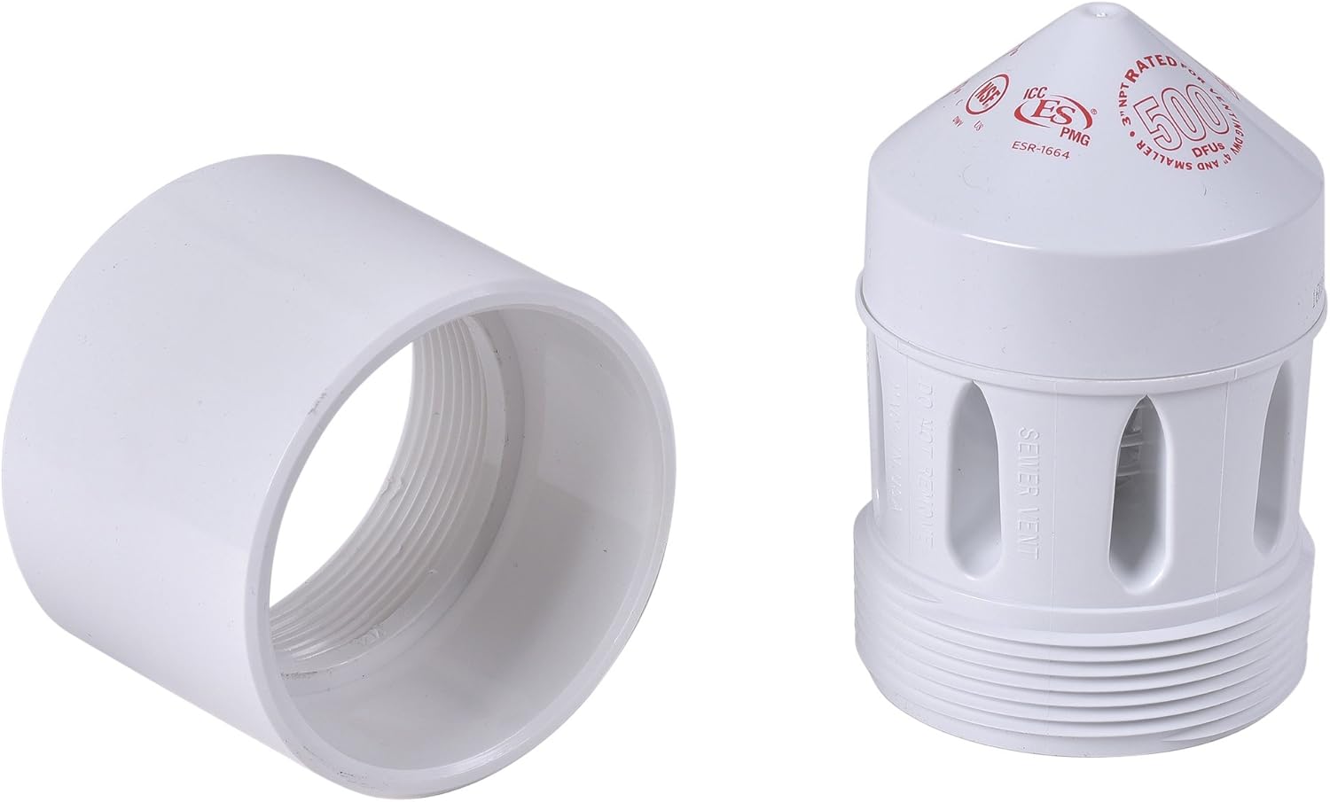 White PVC air admittance valve with threaded adapter and dome-shaped cap with vent slots.