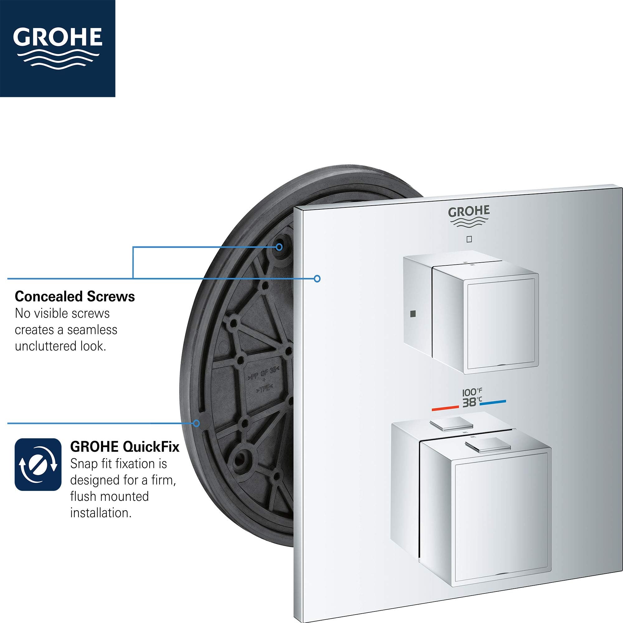 Brushed nickel dual-handle thermostatic valve trim with concealed screws and QuickFix installation system shown from front an