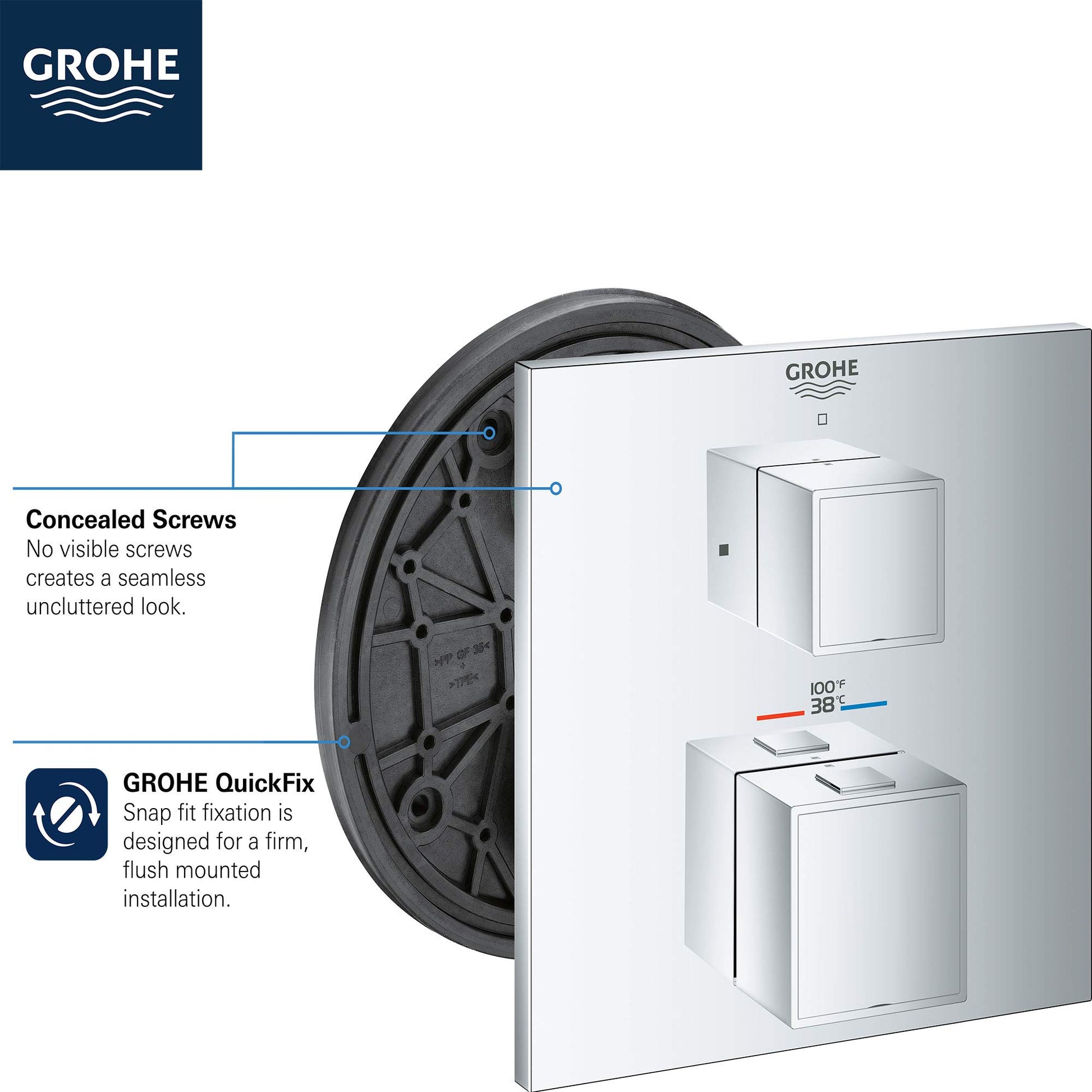 Grohe Grohtherm chrome thermostatic valve trim with dual handles, concealed screws, and QuickFix installation system shown fr