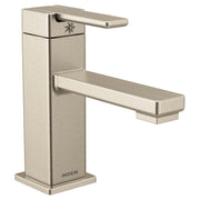 Brushed nickel single-handle bathroom faucet with rectangular spout and angular lever handle in modern design.