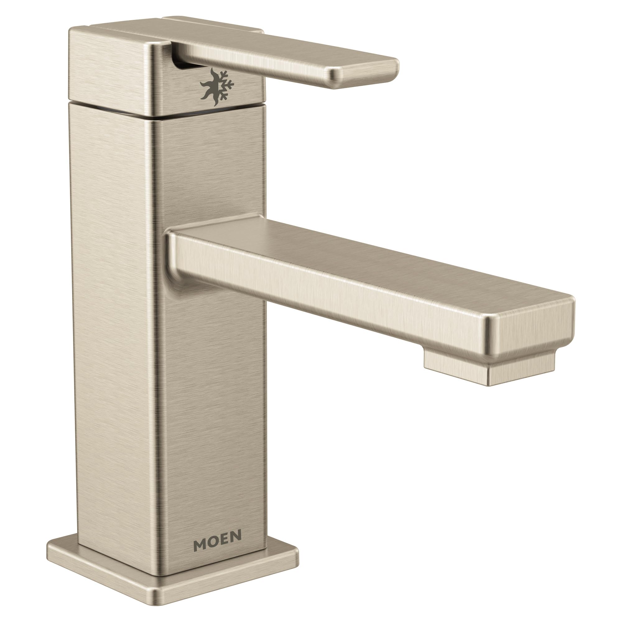 Brushed nickel single-handle bathroom faucet with rectangular spout and angular lever handle in modern design.