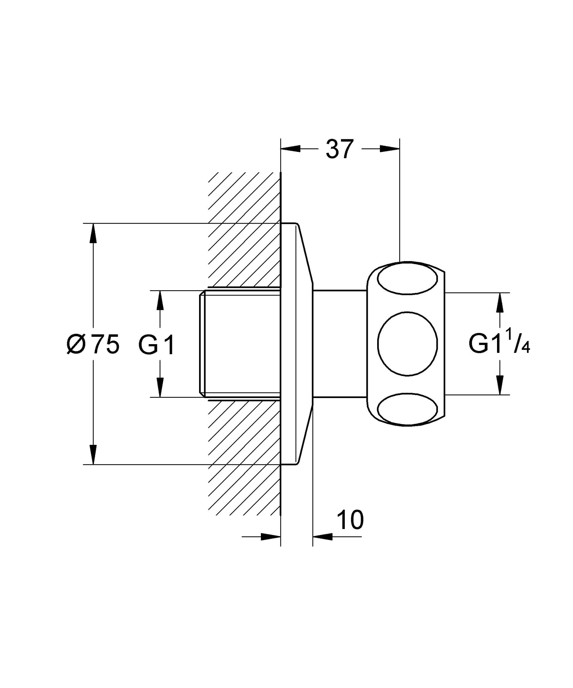 Chrome straight union fitting with G1 and G1 1/4 threaded connections, featuring technical dimensions and cross-section diagr