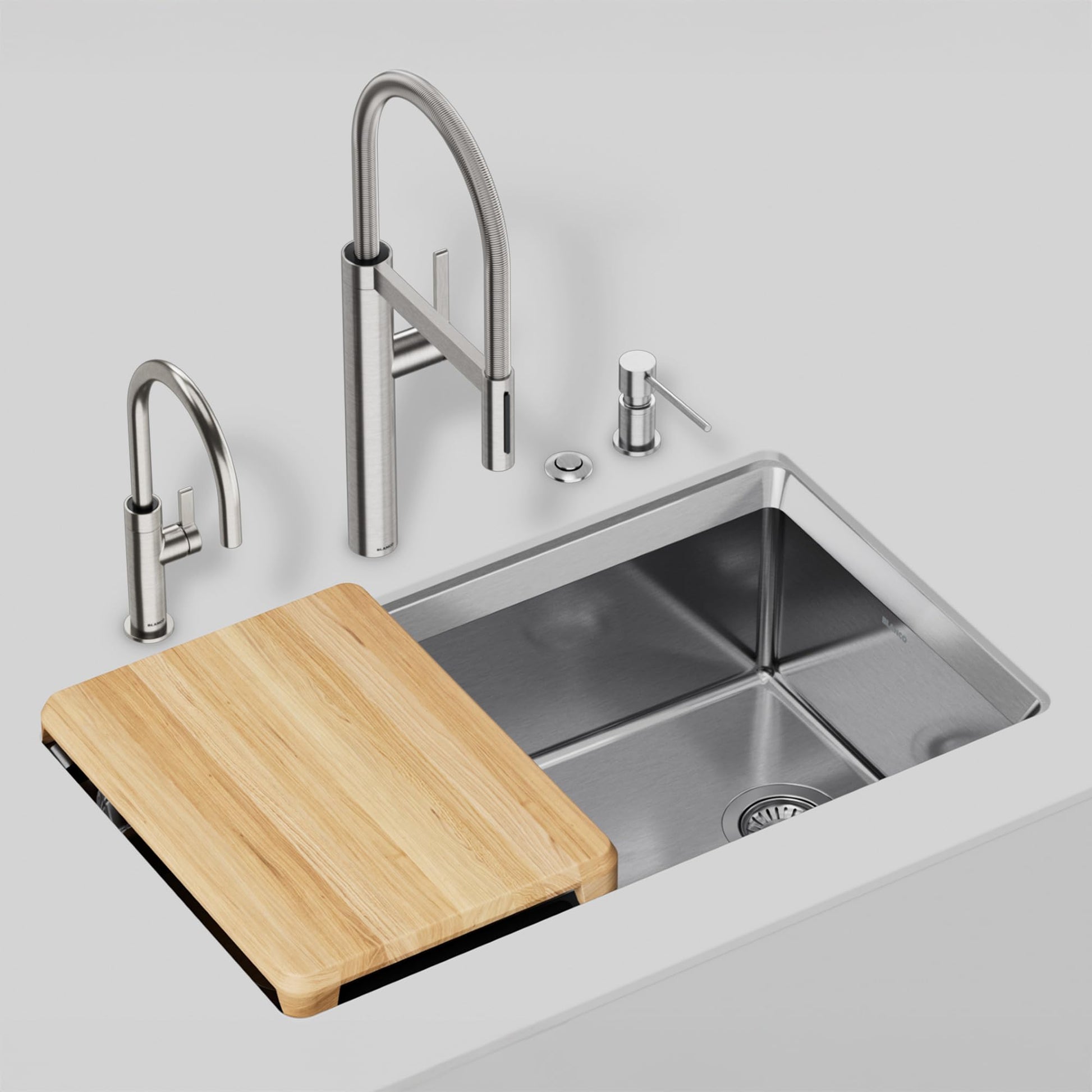 Stainless steel double-bowl kitchen sink with wooden cutting board, pull-down faucet, spray nozzle, and soap dispenser.