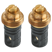 Two brass service stops with black plastic lower bodies and threaded connectors for plumbing applications.