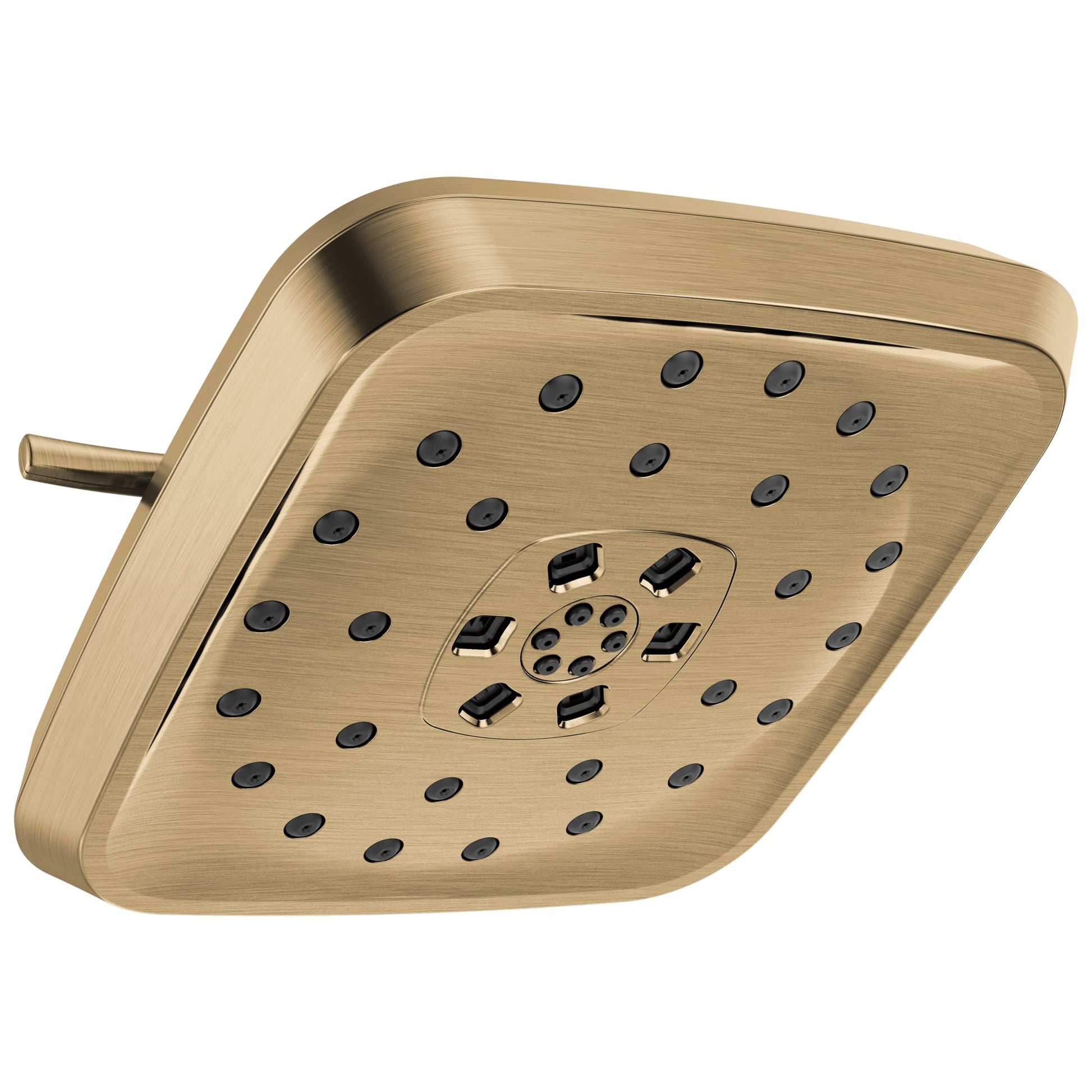 Square brushed gold shower head with multiple spray jets and a central control dial.