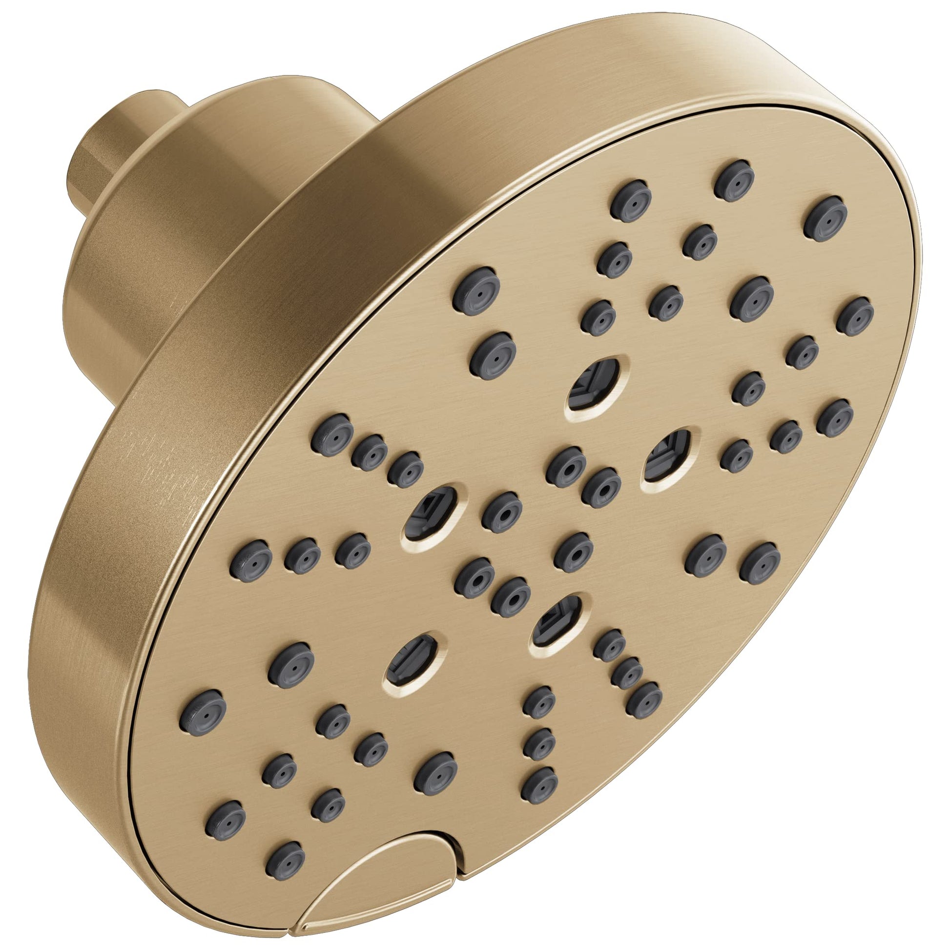 Round champagne bronze showerhead with multiple spray jets and curved mounting arm.