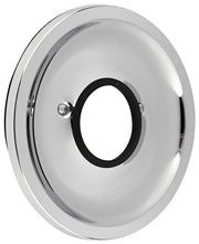 Chrome-finished round escutcheon with center opening and black rubber gasket.