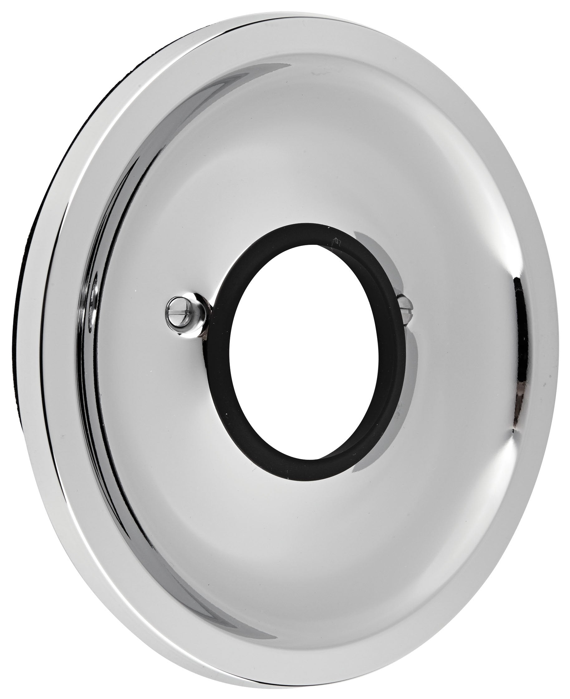 Chrome-finished round escutcheon with center opening and black rubber gasket.