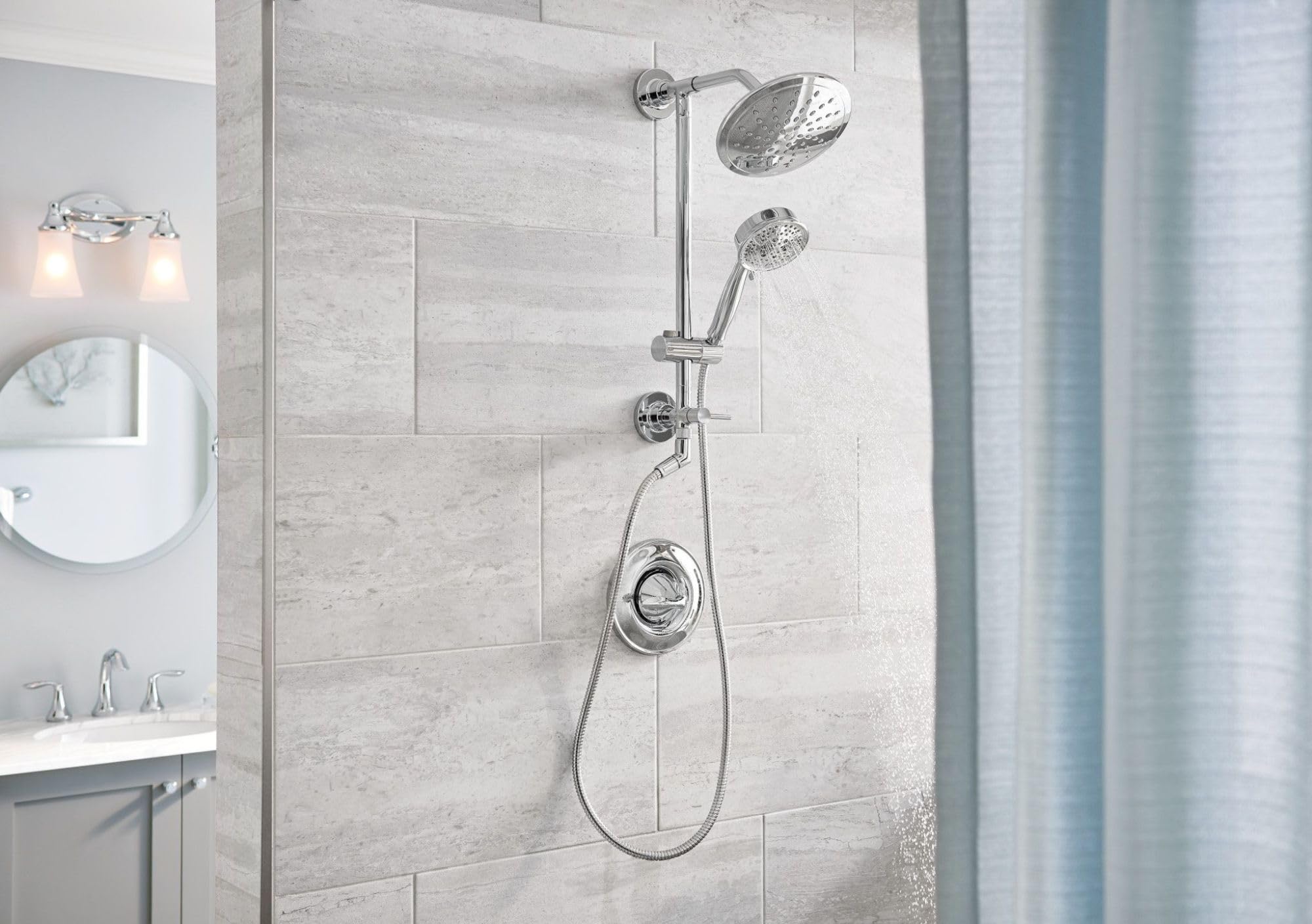 Chrome shower system with fixed overhead showerhead, handheld showerhead on vertical slidebar, and control valve mounted on t