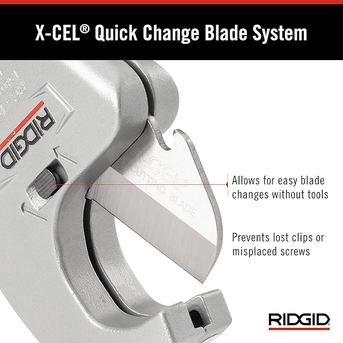 Silver and black RIDGID ratchet action pipe cutter with quick change blade system and adjustment knob.